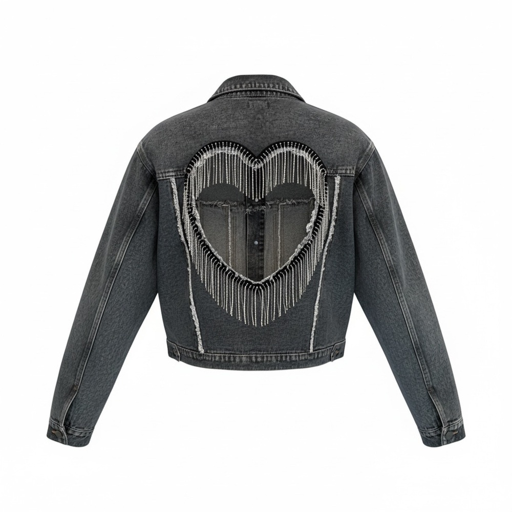 POL Black Denim Jacket with Embellished Heart Cutout Back